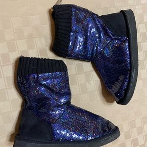 Women’s Pink By VS Ankle Boots Booties Blue Sequins Bling 9” Tall Bling Size 9